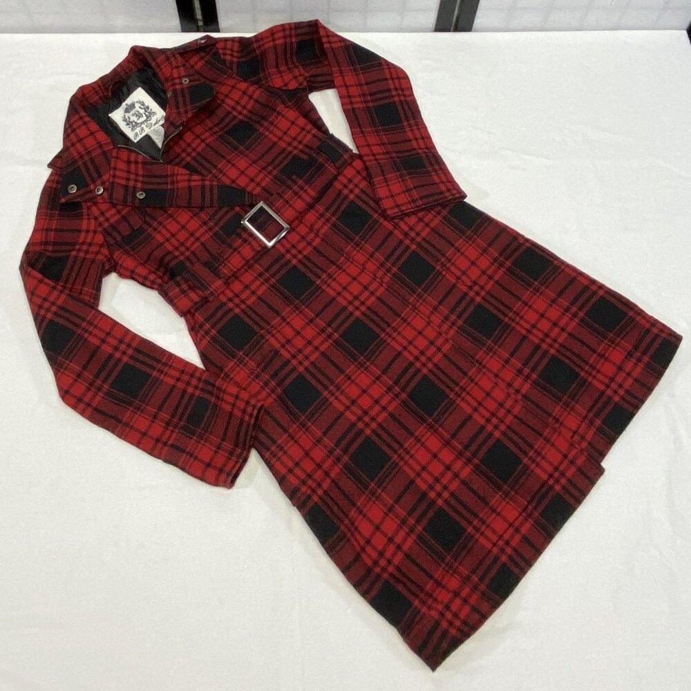 BB Dakota Plaid Wool Blend Long Trench Coat Red Black M Belted Full Zip Hi Neck - Picture 8 of 11